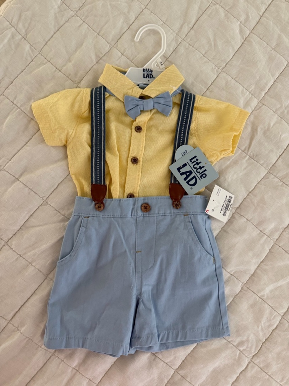 Yellow Shirt & Light Blue Short Set with Bow Tie and Suspenders